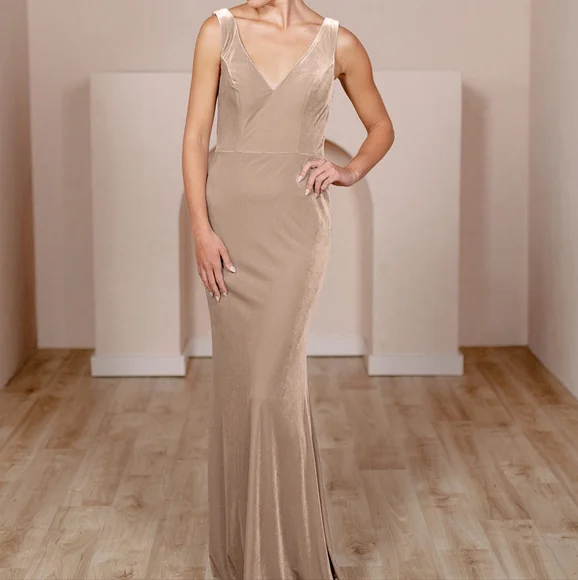 revelry champagne velvet dress Revelry Skye Gold Champagne Velvet Cowl Neck Maxi Dress Bridesmaid Size 2 Tall